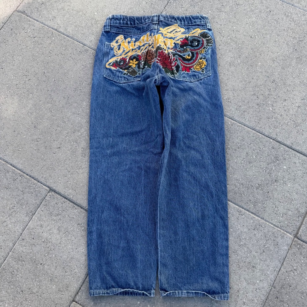Ninth Hall Ambush 27 Jeans Blue Embroidered Snake Floral Wide Leg Y2K Streetwear